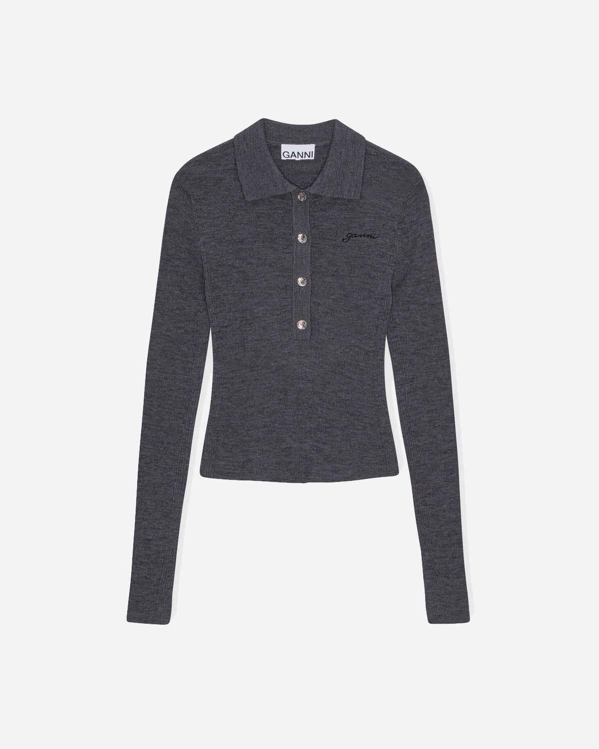 Mini Ribbed Merino Polo - Frost Gray fra Ganni | Munk Store