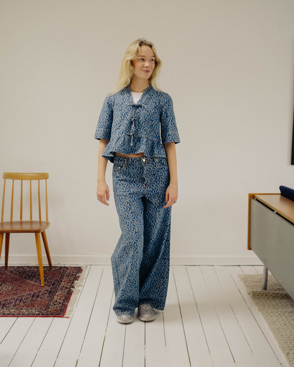 Blue Jacquard Denim Flounce Tie Blouse