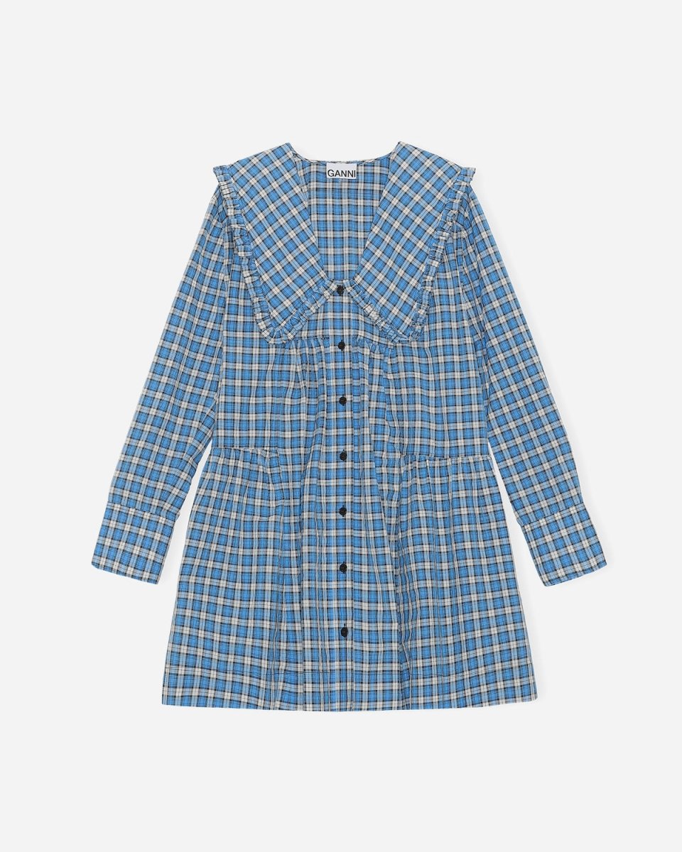 Seersucker Check Gathered Panel Wide Shirt Dress Check