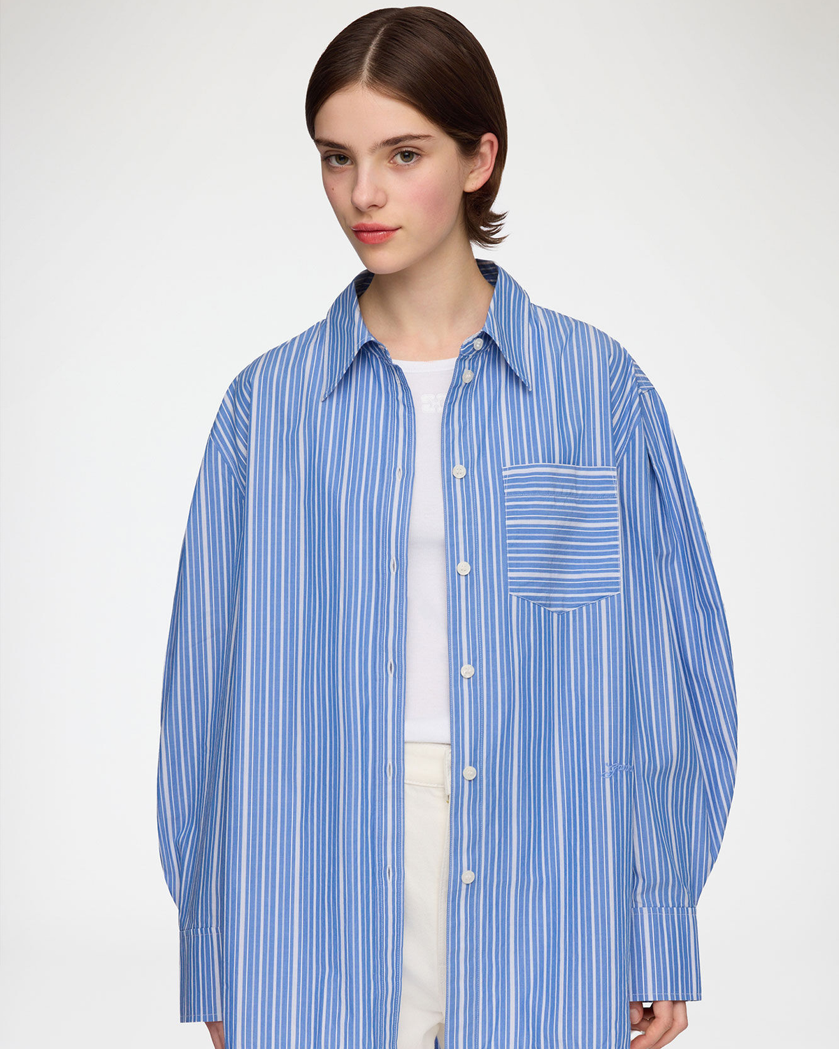 Stripe Cotton Pleated Sleeve Shirt