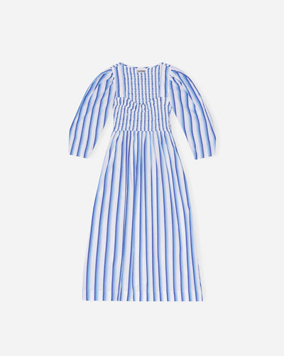 Stripe Cotton Open-neck Smock Long Dress - Silver Lake Blue