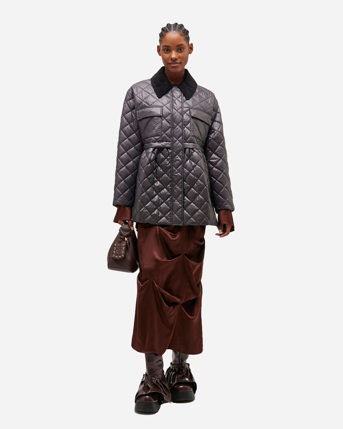 Shiny Quilt Midi Jacket w. Flare - Phantom
