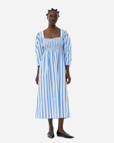 Stripe Cotton Open-neck Smock Long Dress - Silver Lake Blue