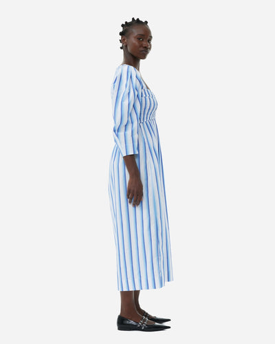 Stripe Cotton Open-neck Smock Long Dress - Silver Lake Blue