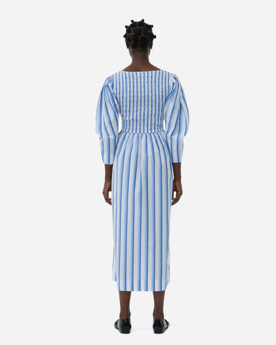 Stripe Cotton Open-neck Smock Long Dress - Silver Lake Blue