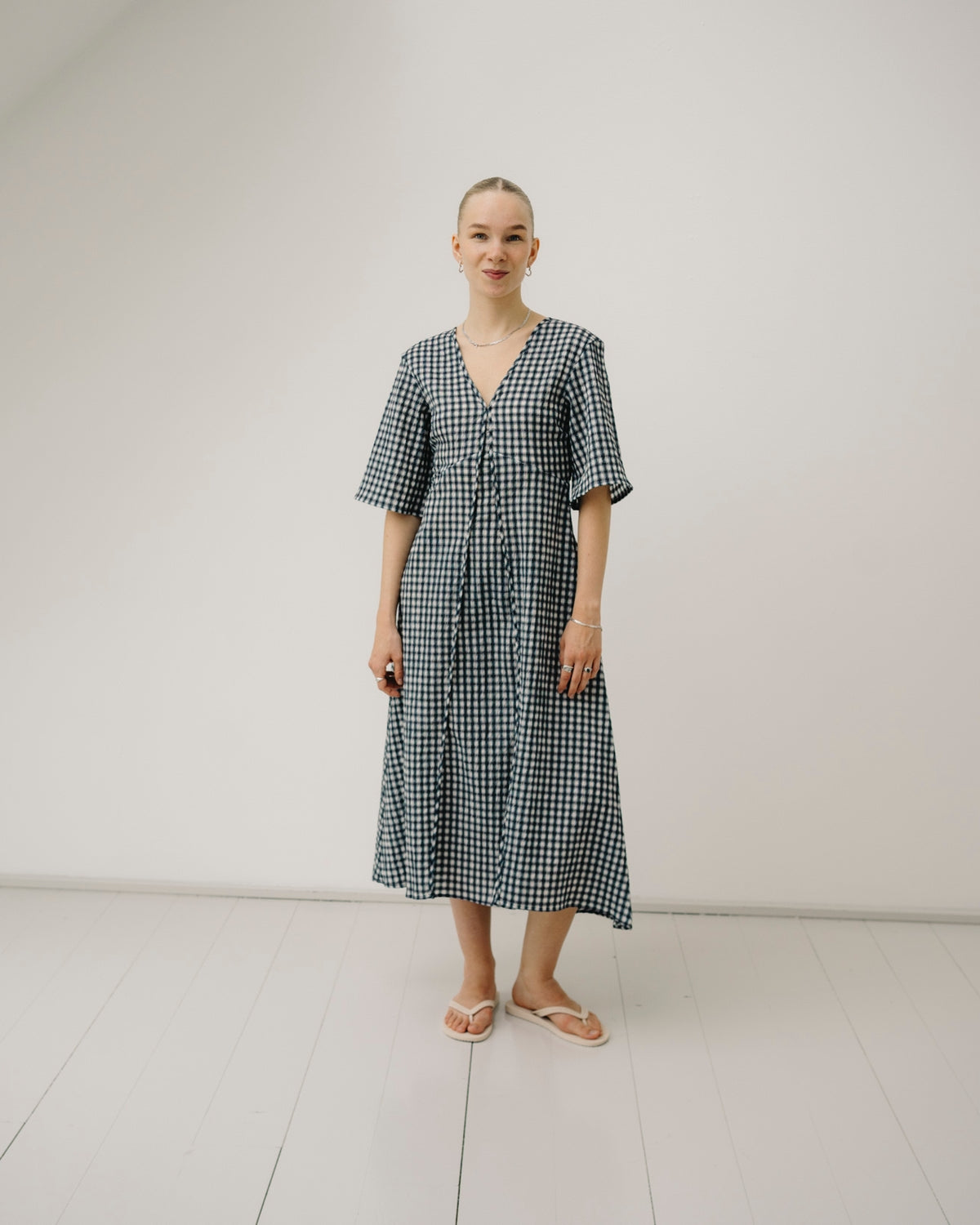 Seersucker Check V-neck Long Dress - Egret