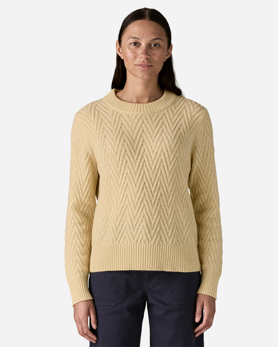 W's Recycled Wool-Blend Crewneck Sweater - Chevron Cable: Dark Natural