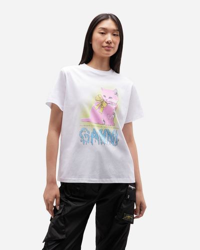Basic Cotton Jersey Neon Kitty T-shirt - Bright White