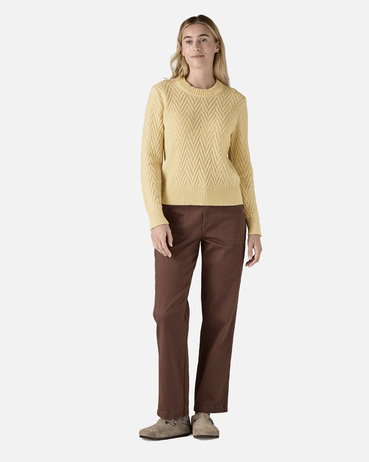 W's Recycled Wool-Blend Crewneck Sweater - Chevron Cable: Natural