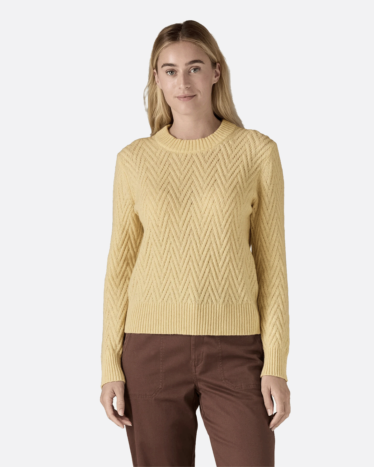 W's Recycled Wool-Blend Crewneck Sweater - Chevron Cable: Natural