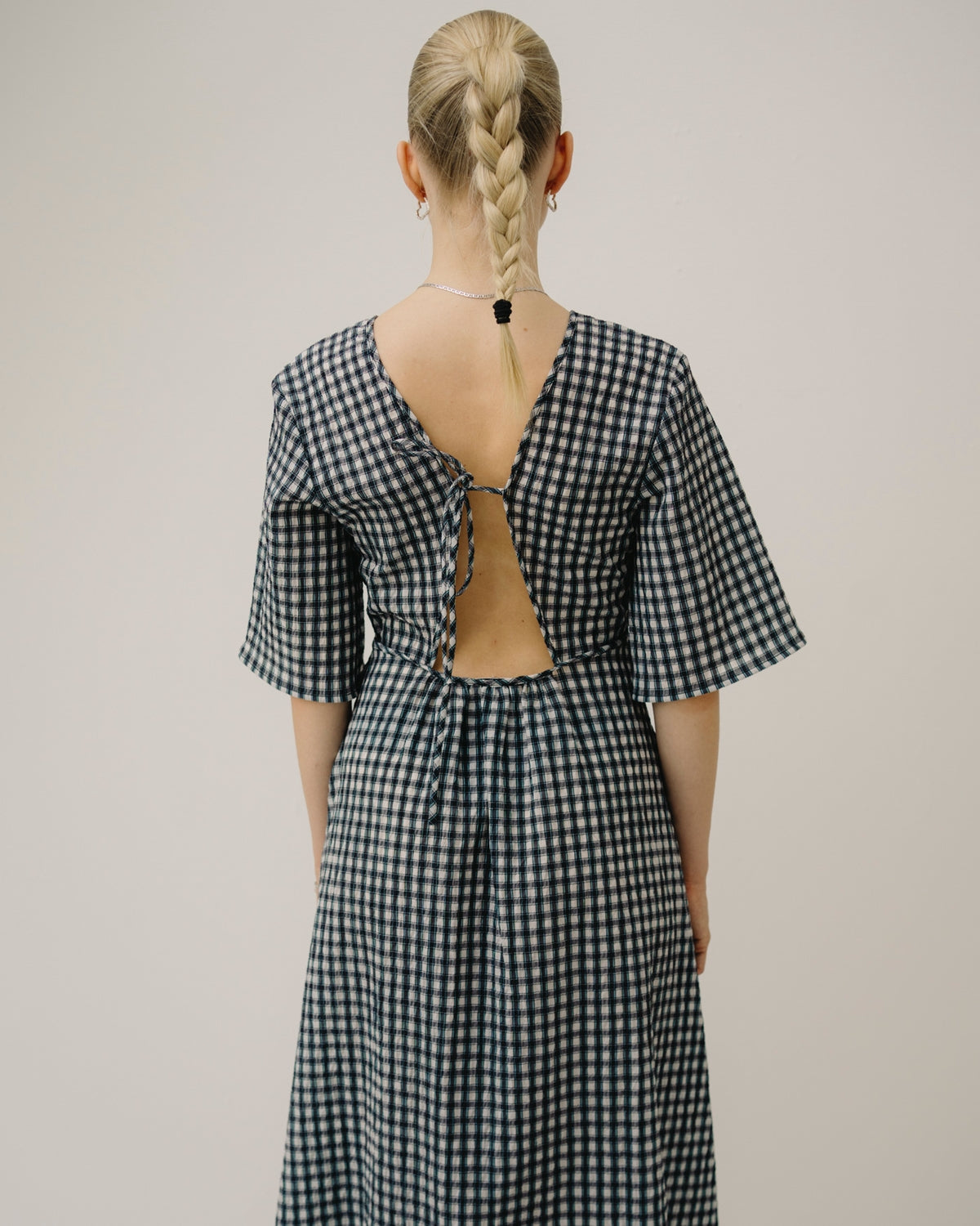 Seersucker Check V-neck Long Dress - Egret
