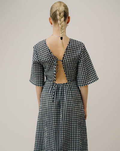 Seersucker Check V-neck Long Dress - Egret