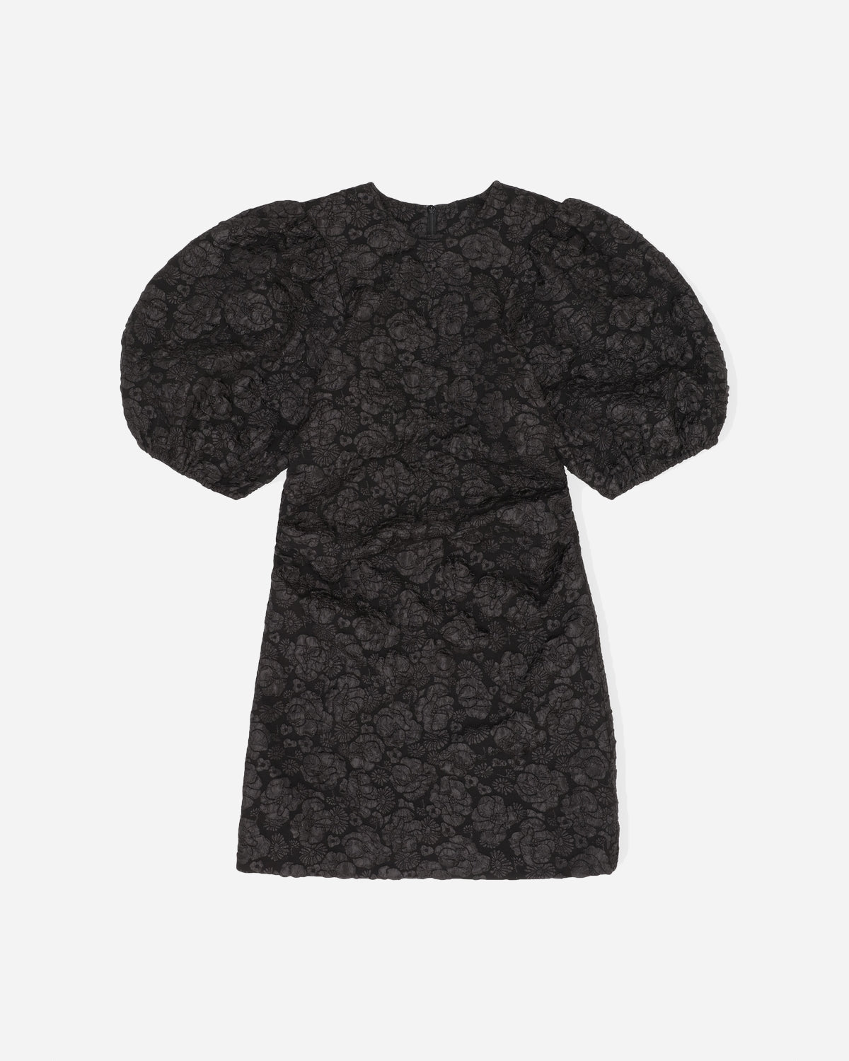 Stretch Jacquard Puff Sleeves Mini Dress - Black