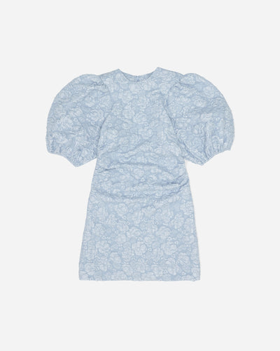 Stretch Jacquard Puff Sleeves Mini Dress - Sky Blue