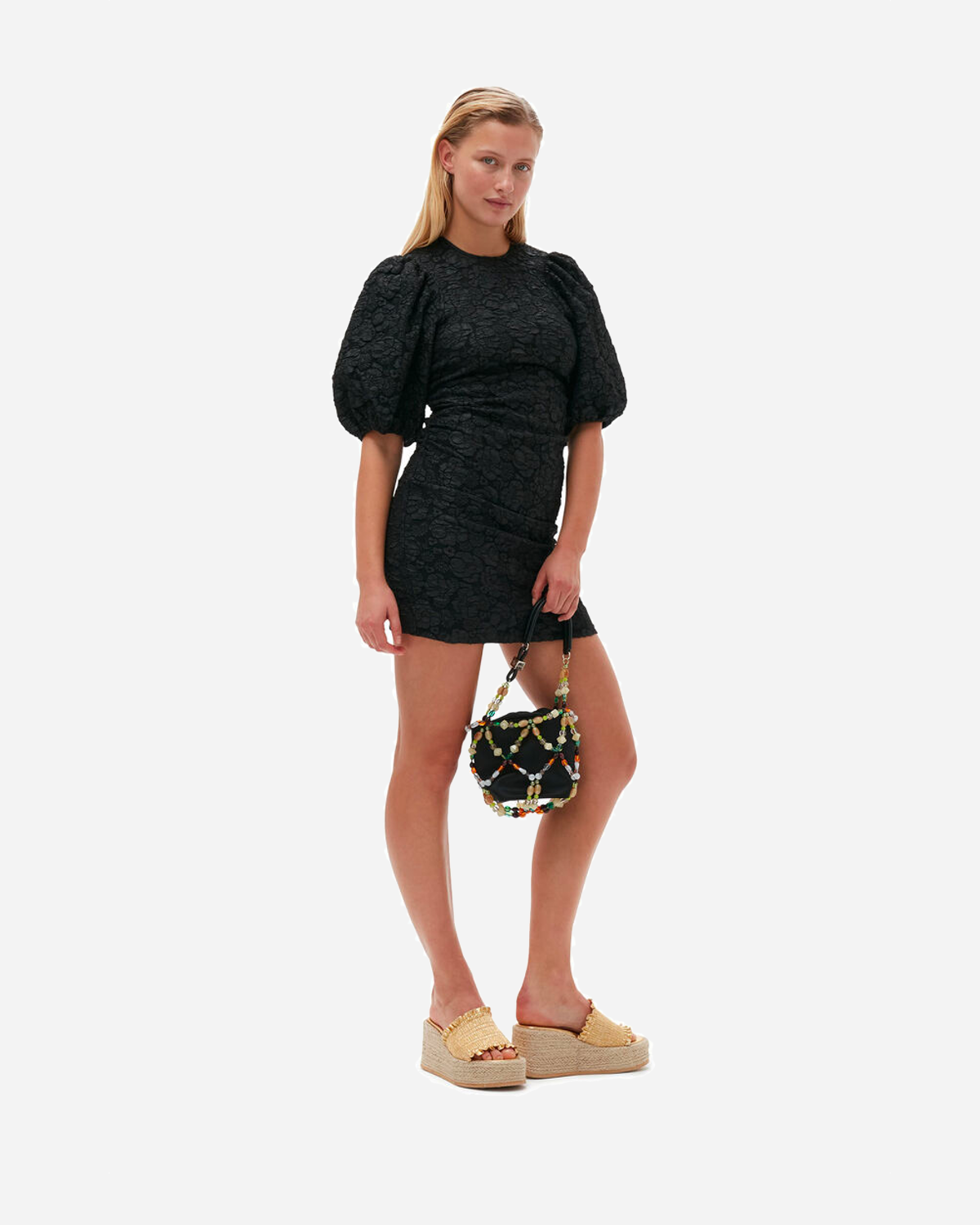 Stretch Jacquard Puff Sleeves Mini Dress - Black