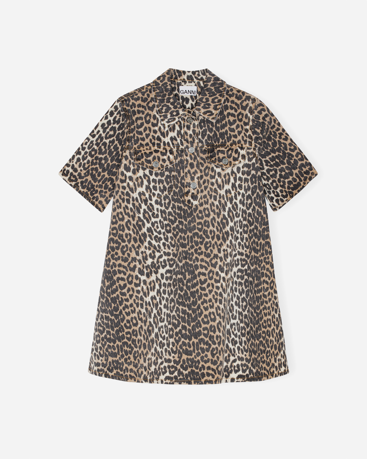 Print Denim Mini Dress - Leopard