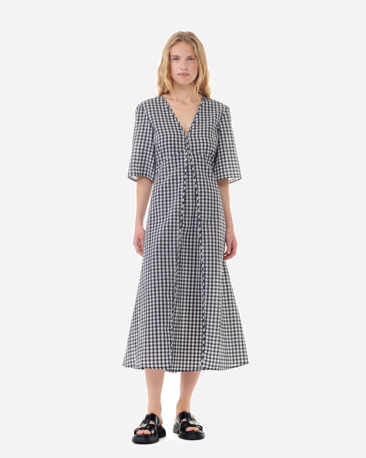 Seersucker Check V-neck Long Dress - Egret