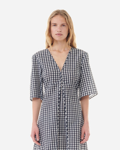 Seersucker Check V-neck Long Dress - Egret