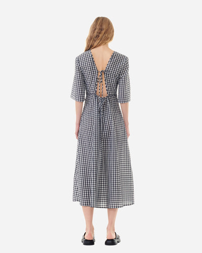 Seersucker Check V-neck Long Dress - Egret