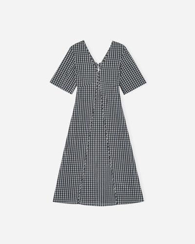 Seersucker Check V-neck Long Dress - Egret