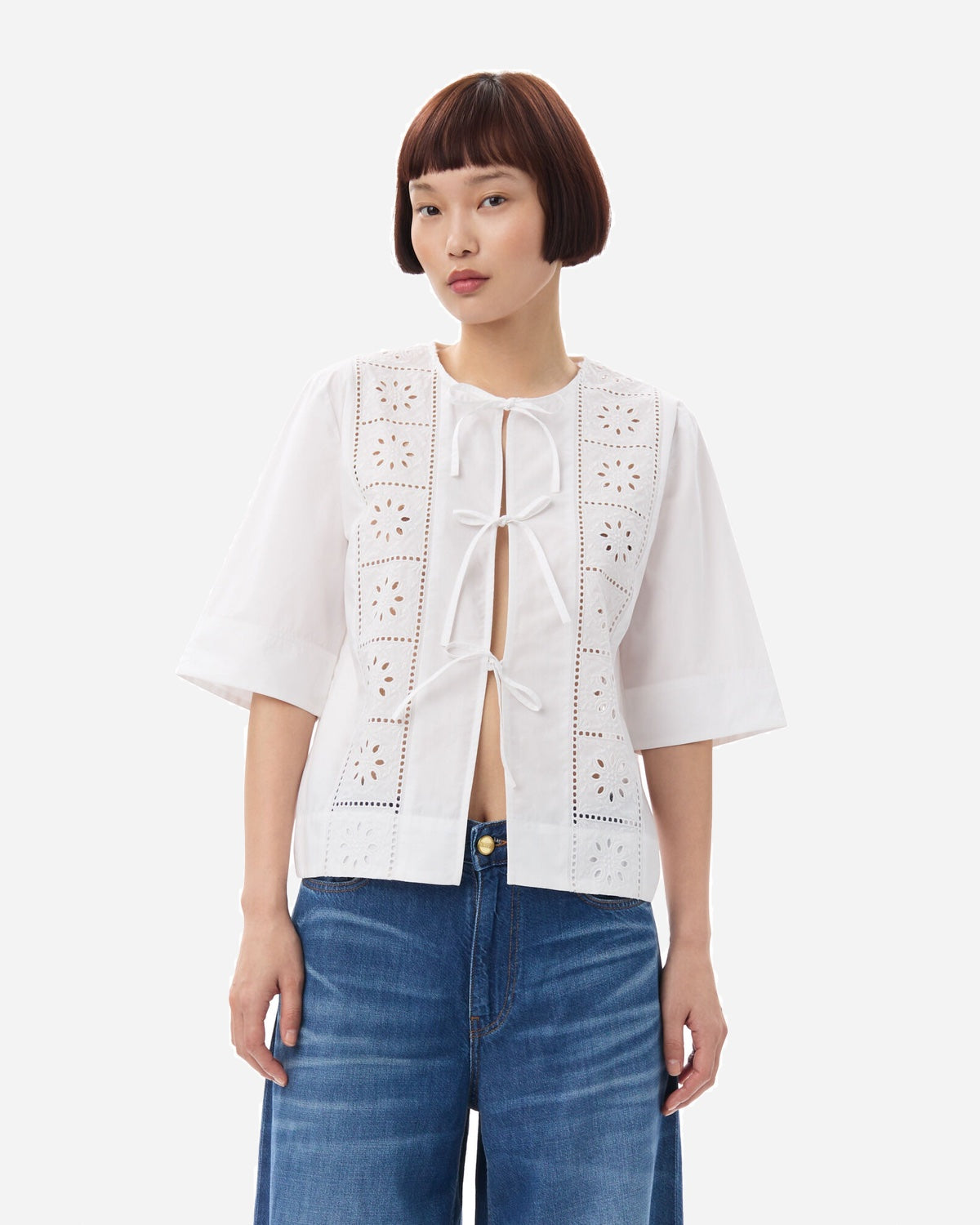 Broderie Anglaise Tie Blouse - Bright White