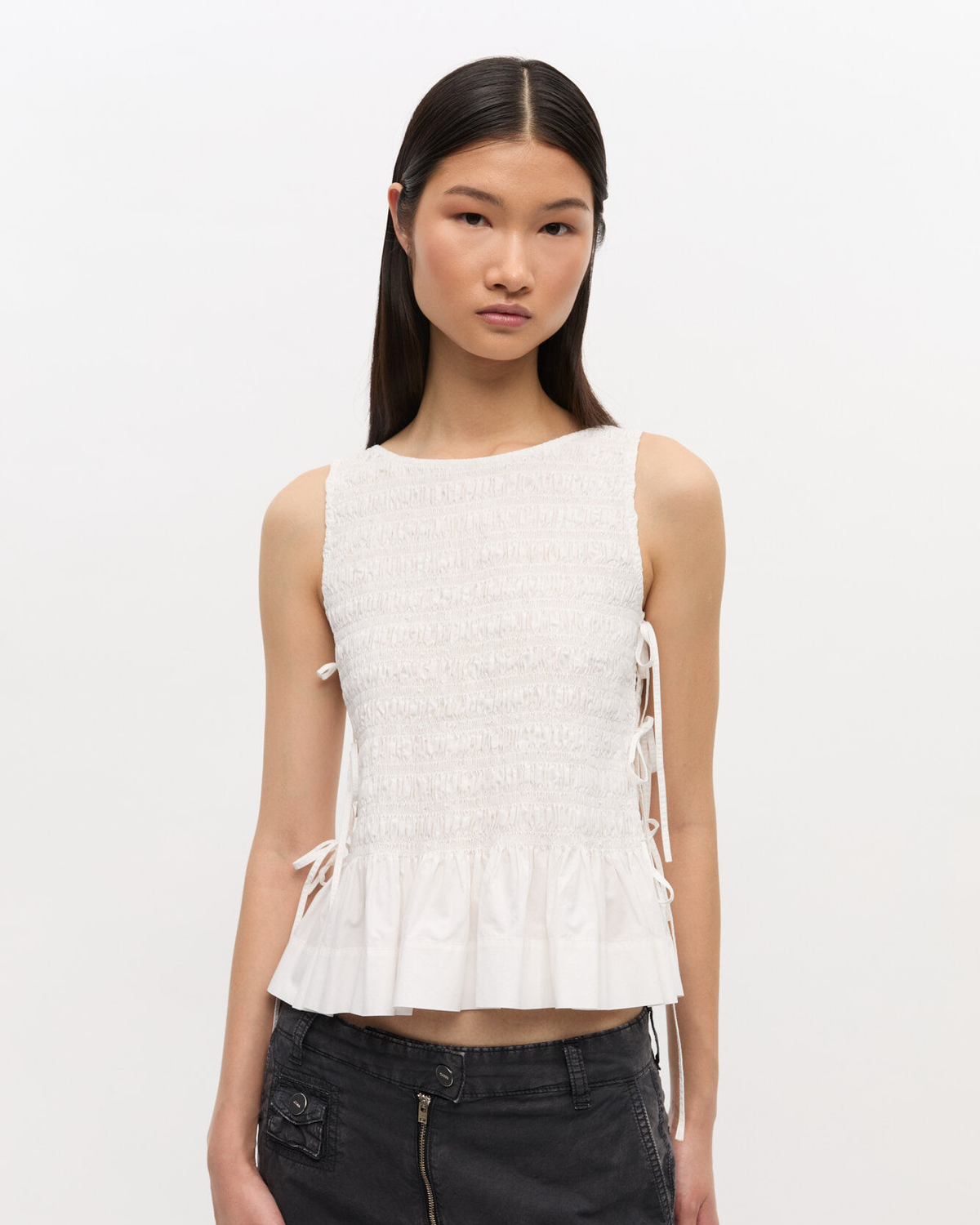 Cotton Poplin Smock Tie String Top - Bright White