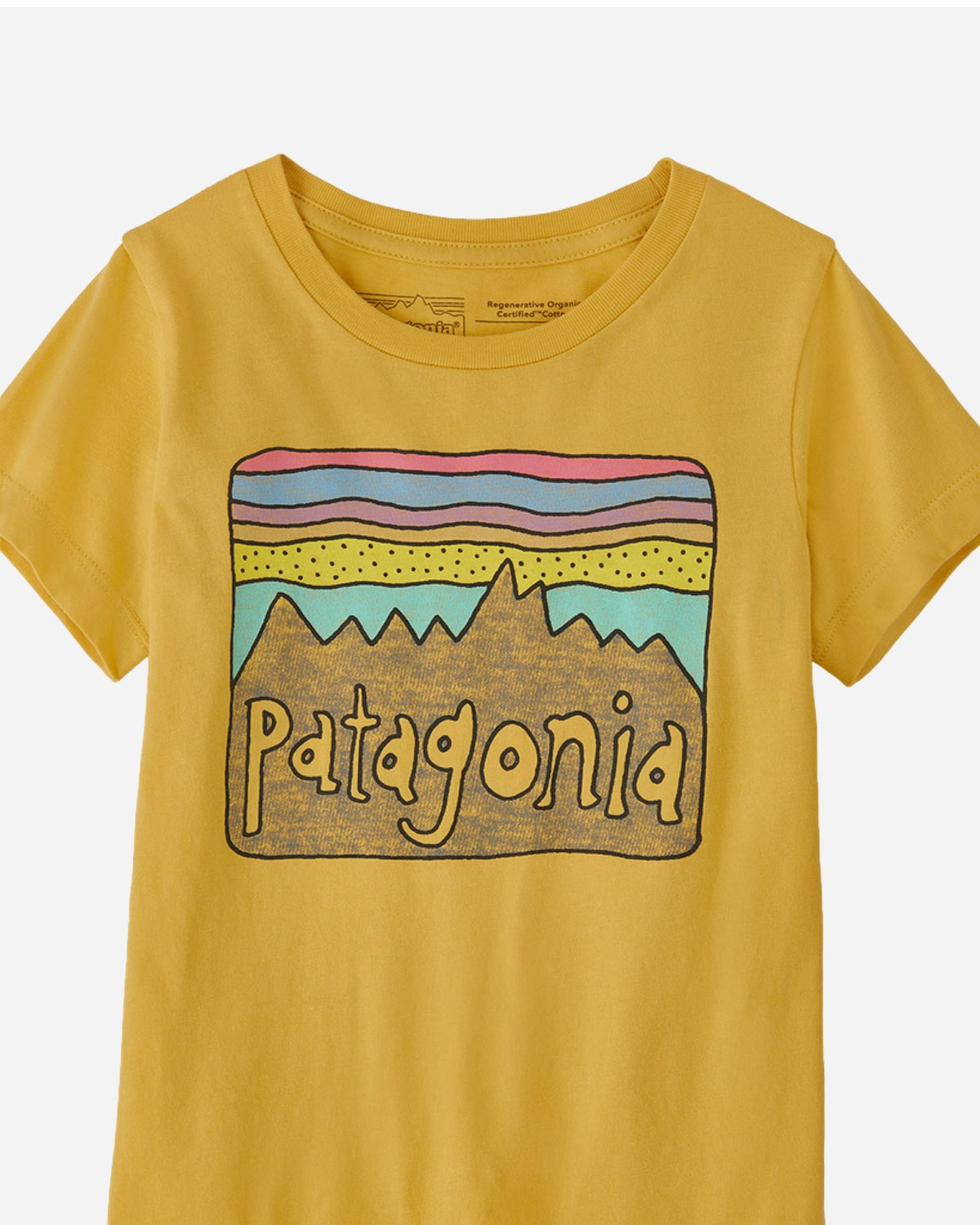 Kids Regenerative Fitz Roy Skies T-shirt - Surfboard Yellow - Patagonia - Munkstore.dk