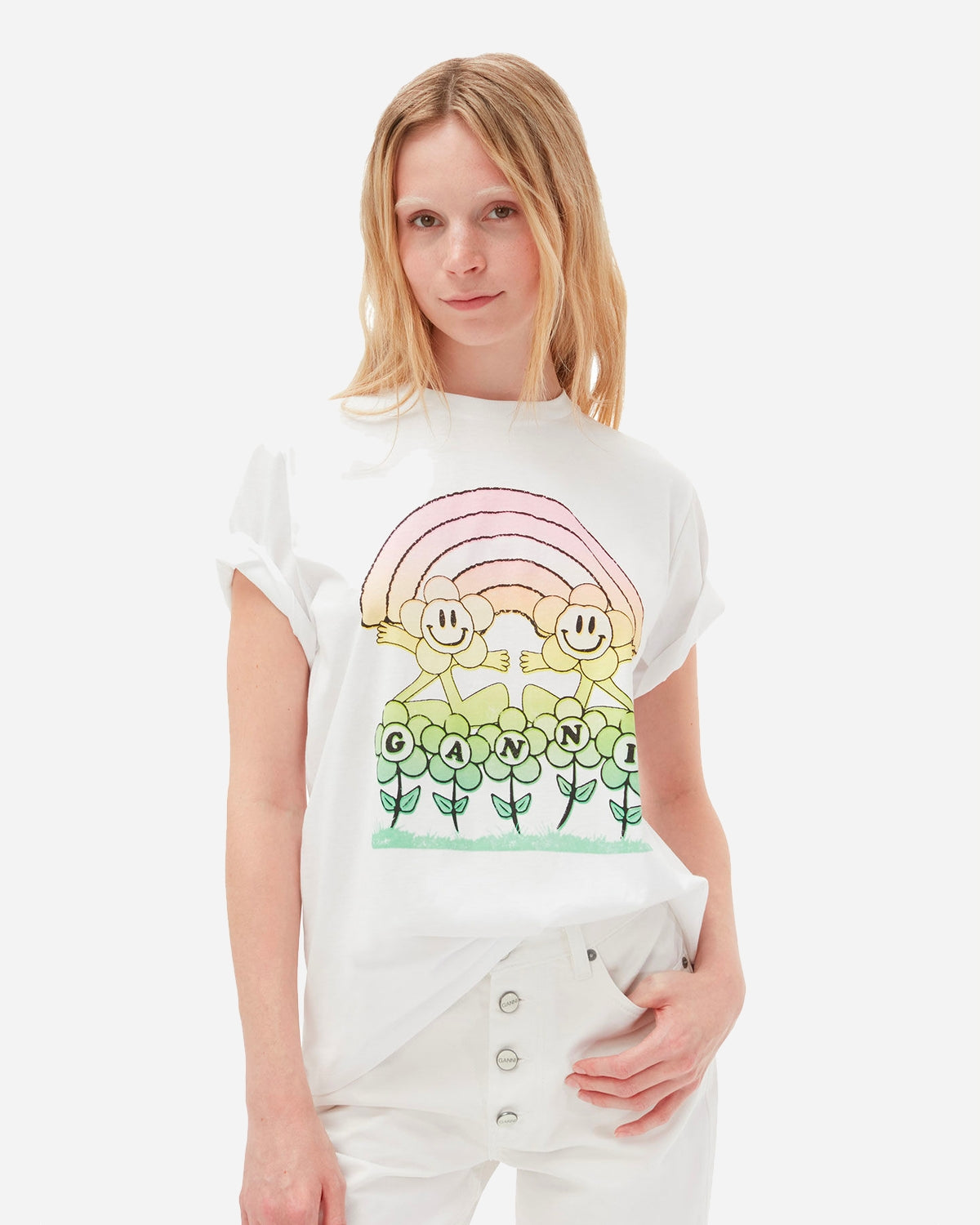 Basic Jersey Rainbow Relaxed T-shirt - Bright White - Ganni - Munkstore.dk