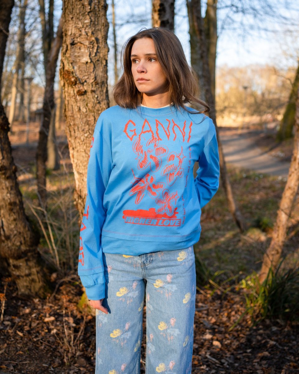 トップス GANNI Love T-Shirt Azure Blue Love O-neck Layered T-shirt - Azure Blue fra Ganni | Munk