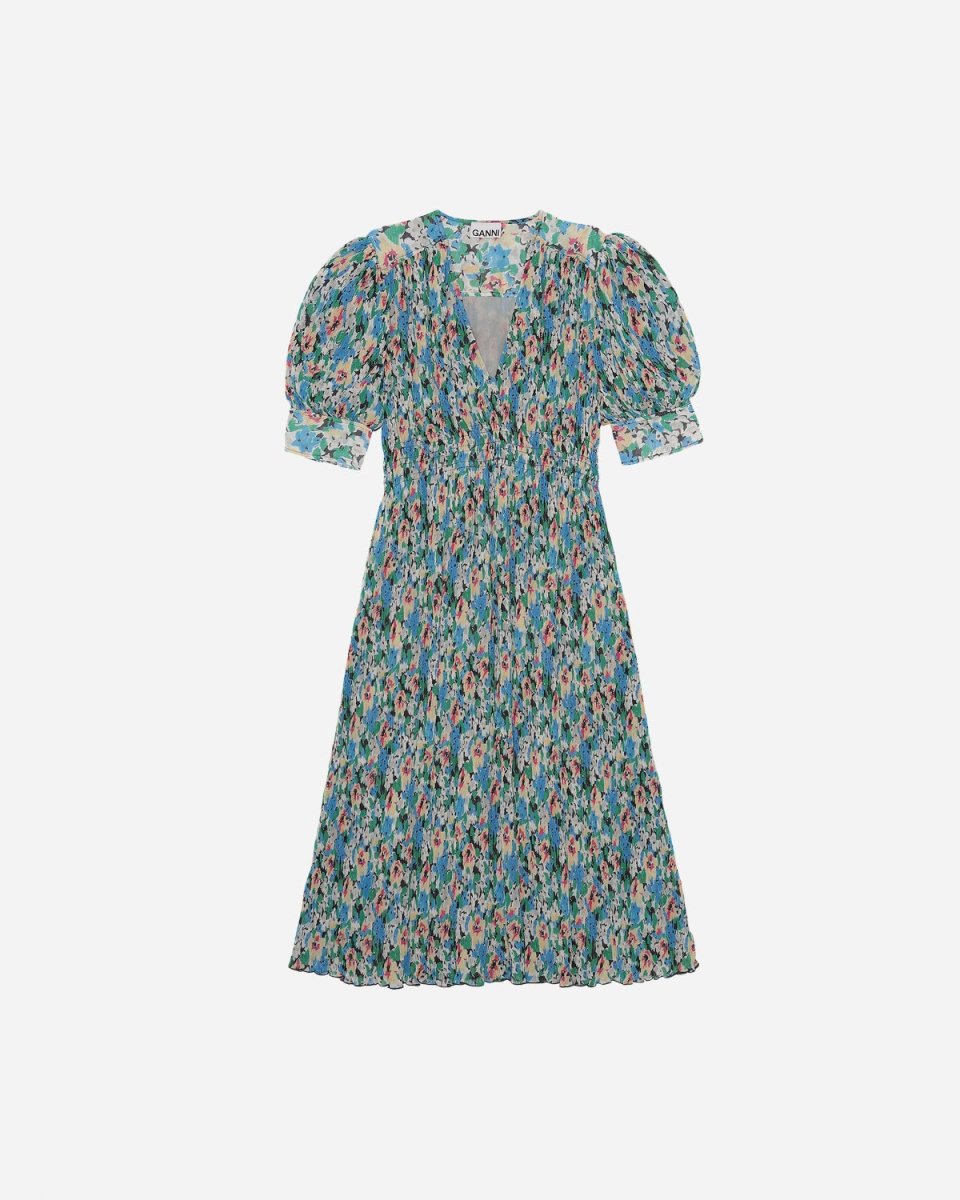 Pleated Georgette V-neck Midi Dress - Floral Azure Blue - Munk Store