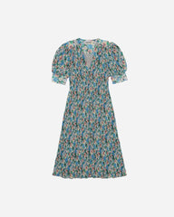 Pleated Georgette V-neck Midi Dress - Floral Azure Blue
