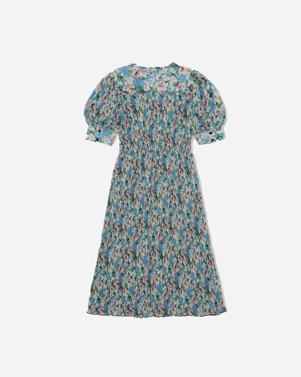 Pleated Georgette V-neck Midi Dress - Floral Azure Blue - Munk Store