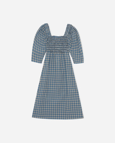 Seersucker Smock Midi Dress - Check Azure Blue - Munk Store