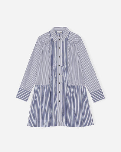 Stripe Cotton Wide Mini Shirt Dress - Gray Blue - Munk Store