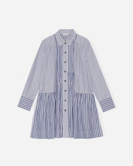 Stripe Cotton Wide Mini Shirt Dress - Gray Blue